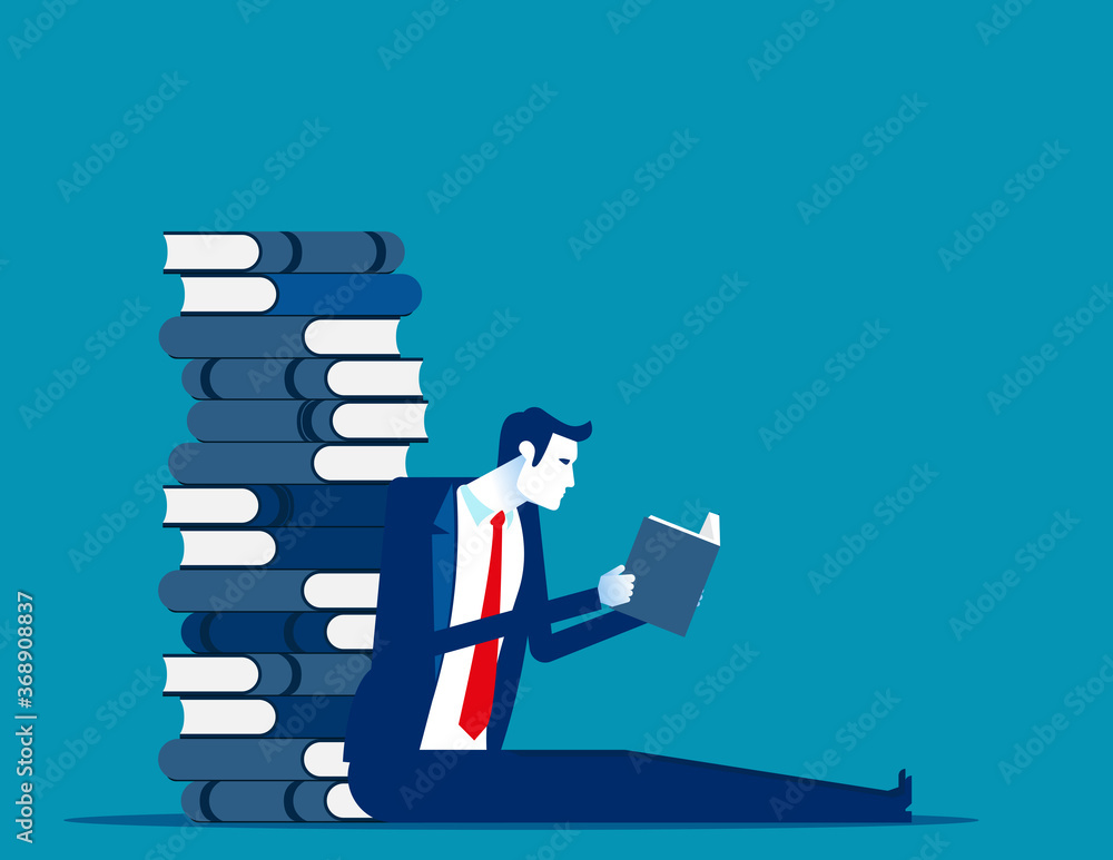 Young business with huge stack of books. Business reading and learning concept. Cartoon vector style
