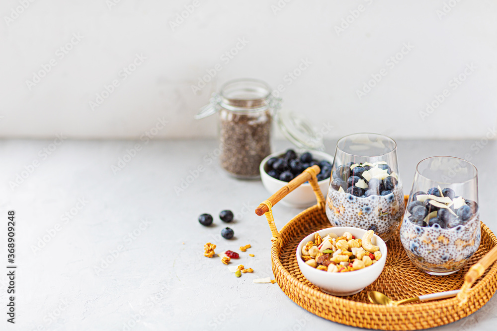 Chia pudding with granola and fresh blueberries in the glasses on a gray concrete background with copy space. Concept of healthy eating, healthy lifestyle, dieting, fitness menu. Selective focus Chia pudding with granola and fresh blueberries in the glasses on a gray concrete background with copy space. Concept of healthy eating, healthy lifestyle, dieting, fitness menu. Selective focus