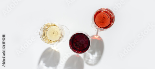 Assorted wine in glass. Red, rose and white wine