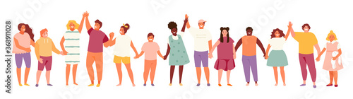 Group of children of different ages and nationalities holding hands. Friendship and unity vector characters