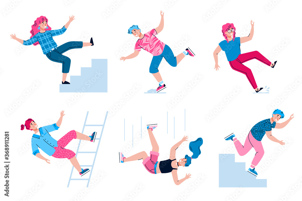 Set of falling people getting injured and wounded, flat vector illustration isolated on white background. Risk of trauma and accident injury collection. Set of falling people getting injured and wounded, flat vector illustration isolated on white background. Risk of trauma and accident injury collection.
