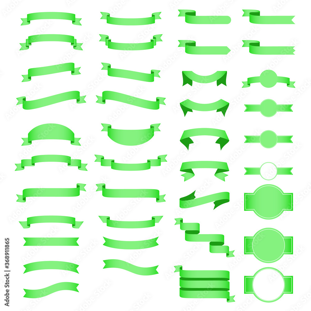 Vector set of 39 green color ribbons,White background. Vector ribbon collection.
