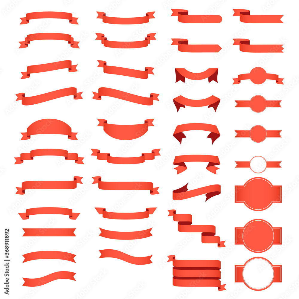 Vector set of 39 red color ribbons,White background. Vector ribbon collection.