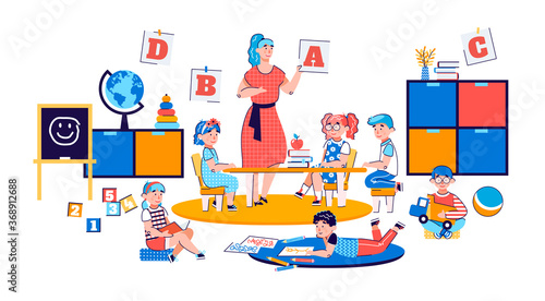 Kids play educational games in kindergarten. Children in a class with a woman teacher are preparing for school. Concept of preschool. Cartoon vector illustration on a white background