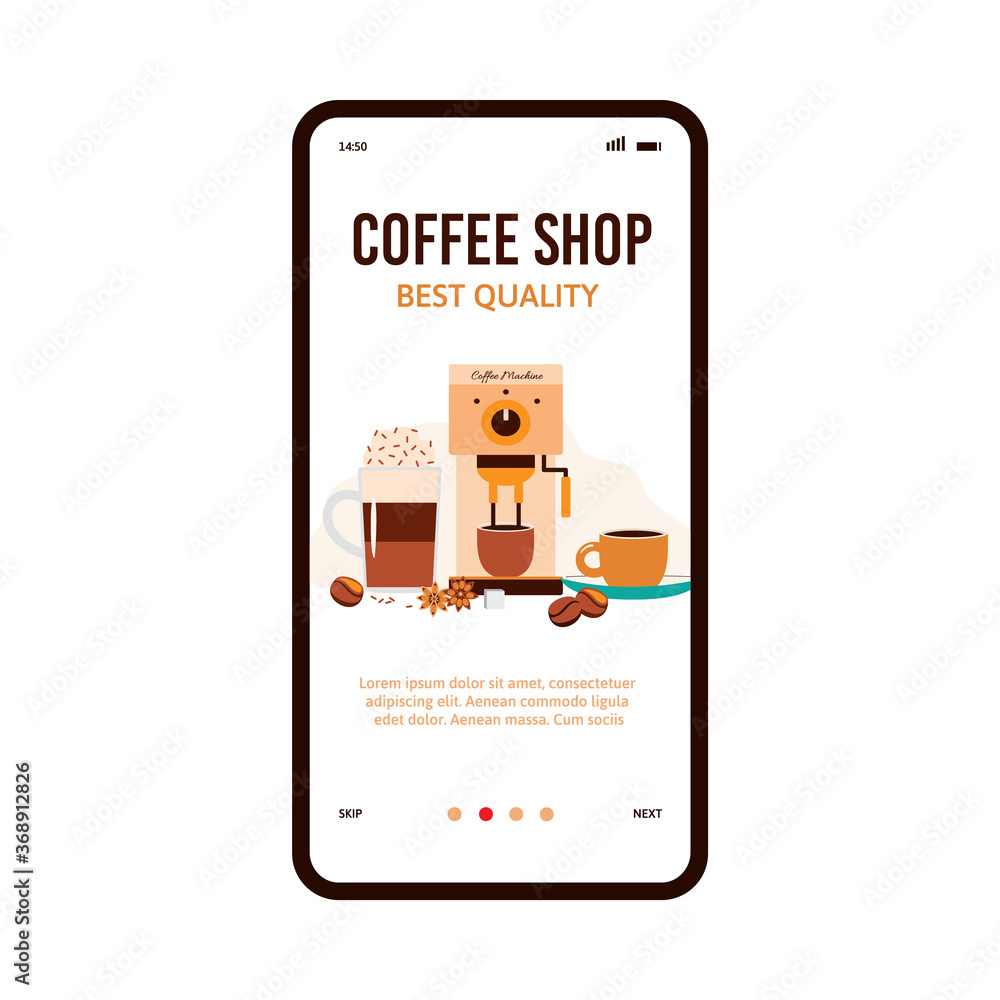 Coffee shop app banner with coffee machine pouring hot drink in cup. Flat onboarding poster of cafe beverages and spice ingredients, vector illustration of phone screen. Coffee shop app banner with coffee machine pouring hot drink in cup. Flat onboarding poster of cafe beverages and spice ingredients, vector illustration of phone screen.