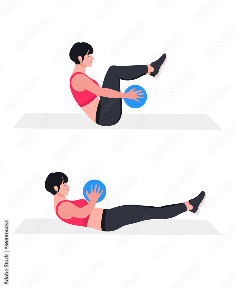 woman doing exercises with medicine ball. Lunges, Pushups, Squats