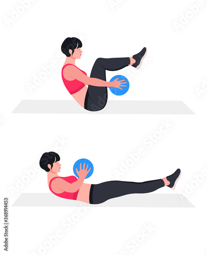 woman doing exercises with medicine ball. Lunges, Pushups, Squats, Dumbbell rows, Burpees, Side planks, Situps, Glute bridge, Leg Raise, Russian Twist, Side Crunch .etc