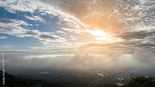 In the sky, the clouds float beautifully in the morning at the Doi Suthep Viewpoint, Chiang Mai, Thailand