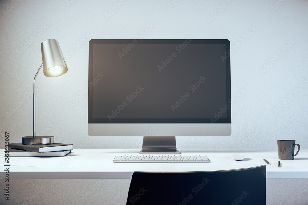 Modern computer with blank screen on white table with lamp and cup of coffee. 3D Rendering Modern computer with blank screen on white table with lamp and cup of coffee. 3D Rendering