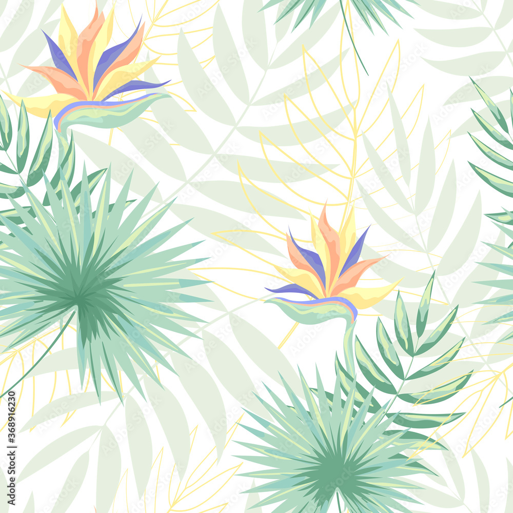 Fototapeta premium Tropical leaves and flowers. Delicate seamless pattern. Vector illustration isolated on white background.