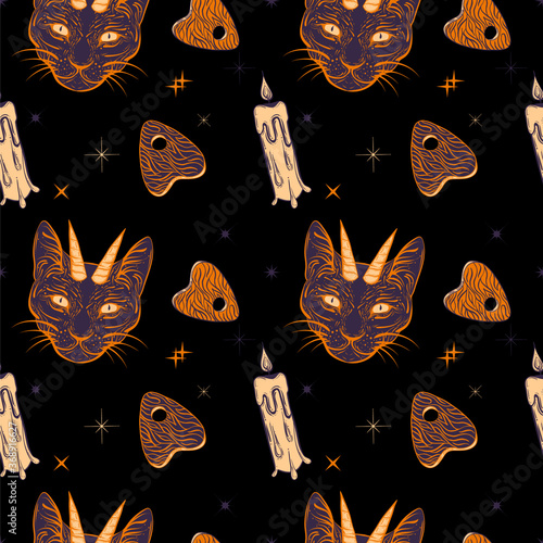Witchcraft seamless pattern with devil cat, ouija board and candle. Mystic, occult background. Trendy vector illustration.