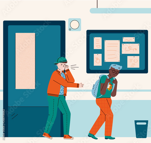 School bully bullying sad victim - cartoon boys in corridor interior. Mean child harassing and teasing unhappy African classmate trying to walk away, vector illustration.