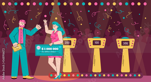 Quiz game show host and winner holding money prize check - cartoon banner with people celebrating victory on TV contest. Vector illustration.