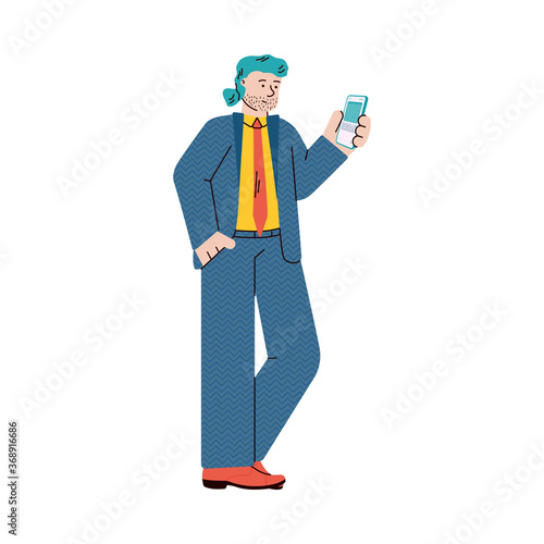 Cartoon character of businessman or man office worker in casual businesslike outfit standing with smartphone, flat vector illustration isolated on white background.