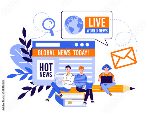 Online news and information website concept with cartoon people using laptop to read or write newspaper articles on the Internet. Vector illustration of global press media