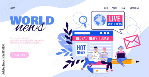 World news website banner template with people character on backdrop with devices, vector illustration on white background. Landing page for global news broadcasting.