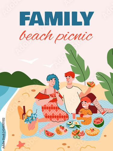 Family beach picnic banner or poster design with young couple sitting on seacoast and having a picnic, flat cartoon vector illustration. Summer background template.
