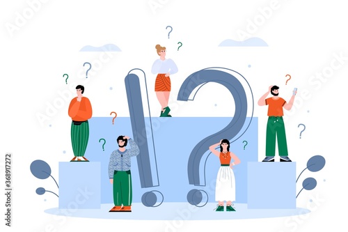 Confused people around exclamations and question marks. Men and women are looking for a solution. Concept of frequently asked questions and answers. Vector flat cartoon illustration