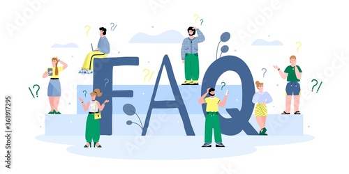 FAQ banner concept of questionnaire and giving information for users of website and customers with cartoon people vector illustration isolated on white background.