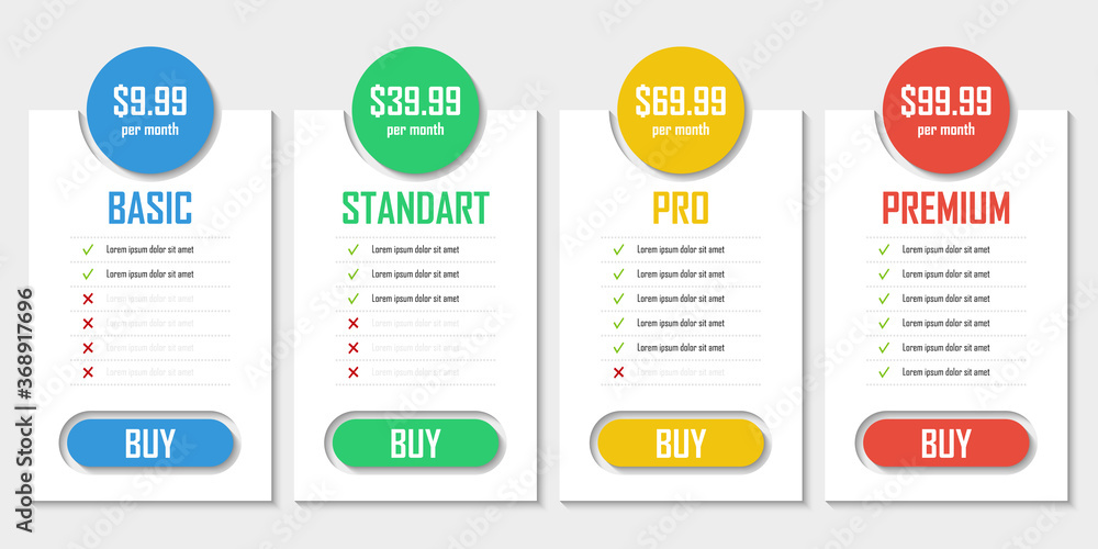 Set of pricing plans. Templates table in flat design. Table tariff banner for websites and applications. Vector illustration.