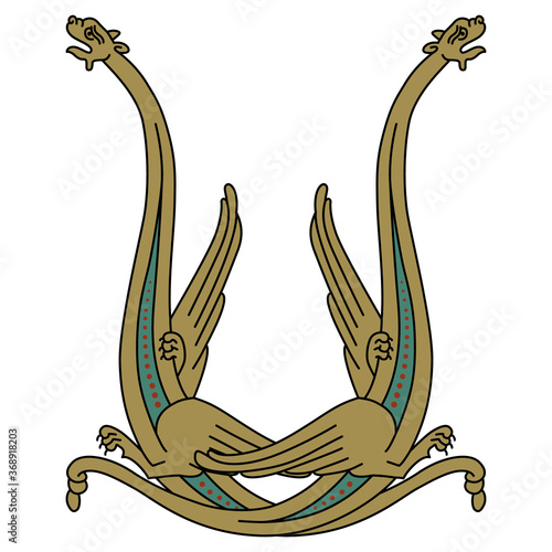 Symmetrical decor with two fantastic medieval dragons. Gothic illuminated manuscript decor. 