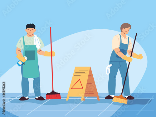 hygiene staff work as a team, janitors cleaning service