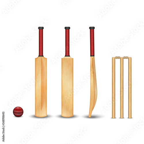 The wooden bat, wicket, the ball for the game of cricket, realistic 3D vector models with wooden texture of objects isolated on white, a set of sports equipment for cricket