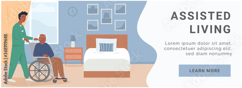 Banner for retirement home. Assisted living at nursing home. A male nurse with elderly black man in wheelchair. African american, asian disabled man at her bedroom. Social worker. Vector illustration.