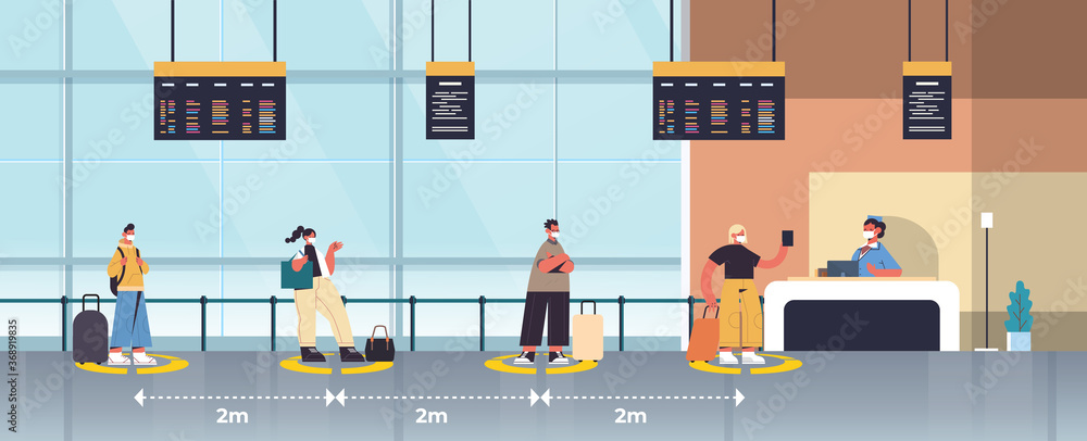 mix race passengers in protective masks standing at check-in counter keeping distance to prevent coronavirus social distancing concept airport terminal interior horizontal full length vector - obrazy, fototapety, plakaty 