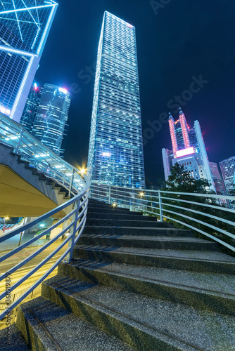 Photography High rise office building in central district of Hong Kong city at night