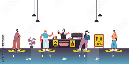 cafe visitors in protective masks keeping distance to prevent coronavirus social distancing concept people standing on yellow fllor signs horizontal full length vector illustration