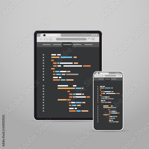tablet and smartphone screns cross platform application development adaptive user interface responsive web design programming concept vector illustration