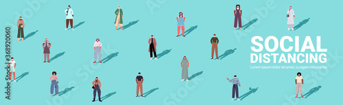 mix race people keeping distance to prevent coronavirus pandemic social distancing concept horizontal full length isometric vector illustration
