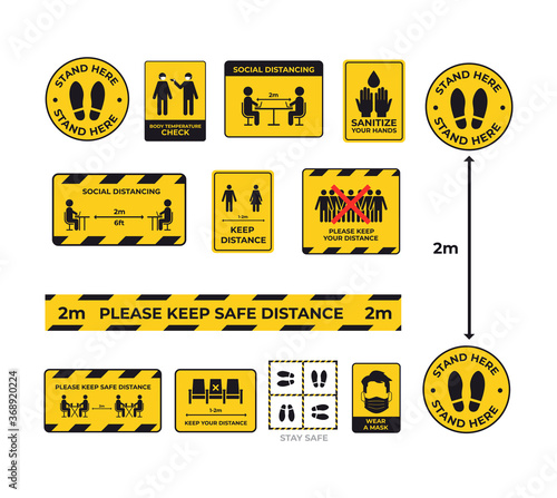 set warning signs for social distancing coronavirus pandemic protection measures concept keep 2 meters distance stickers collection vector illustration