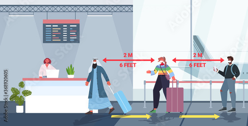 mix race passengers in protective masks standing at check-in counter keeping distance to prevent coronavirus social distancing concept airport terminal interior horizontal full length vector