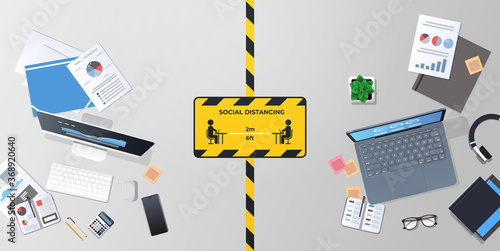 sign for social distancing coronavirus epidemic protection measures concept yellow sticker on workplace desk top angle view horizontal vector illustration