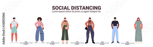 mix race people keeping 2 meters distance to prevent coronavirus pandemic social distancing concept horizontal full length vector illustration