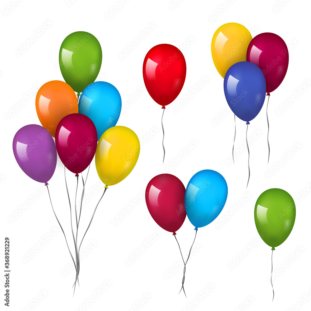 Balloons 3D bunch set, thread, isolated white background. Color glossy flying baloon, ribbon, birthday celebrate, surprise. Helium ballon gift. Realistic shape, symbol love, fun Vector illustration Balloons 3D bunch set, thread, isolated white background. Color glossy flying baloon, ribbon, birthday celebrate, surprise. Helium ballon gift. Realistic shape, symbol love, fun Vector illustration