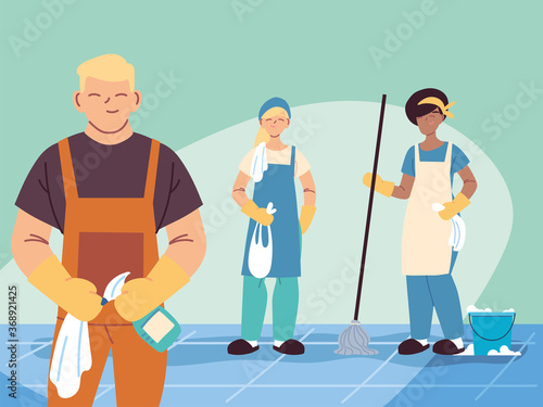 hygiene staff work as a team, janitors cleaning service