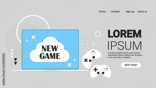 new game on laptop screen with gaming controllers video games concept horizontal copy space vector illustration