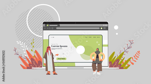 arab couple creating custom design on laptop screen application development web design concept horizontal full length vector illustration