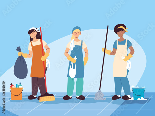 hygiene staff work as a team, janitors cleaning service