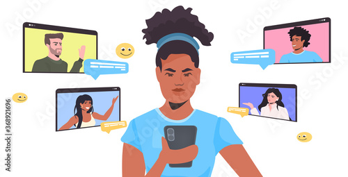 woman using smartphone chatting with mix race friends in web browser windows during video call online conference meeting self isolation concept horizontal portrait vector illustration