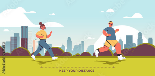 people keeping 2 meters distance to prevent coronavirus pandemic social distancing concept man woman running in urban park cityscape background horizontal full length vector illustration