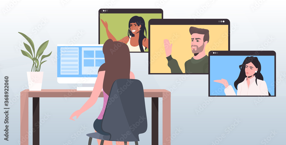 businesswoman chatting with mix race colleagues in web browser windows during video call online conference meeting self isolation concept horizontal portrait vector illustration