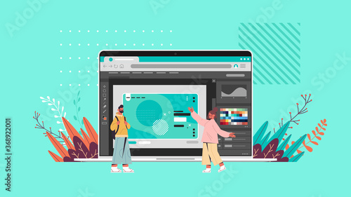 designers couple working with graphic editor on laptop screen creative content configuration design concept horizontal full length vector illustration