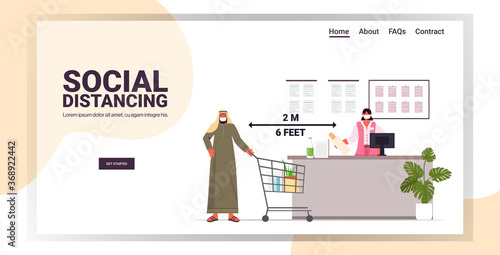 arab cutomer in protective mask standing at cash desk keeping distance to prevent coronavirus social distancing concept groceries store horizontal full length copy space vector illustration