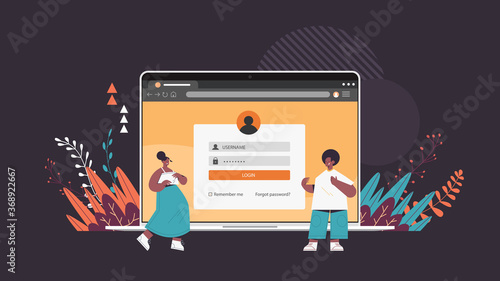 african american couple creating custom design on laptop screen application development adaptive user interface responsive web design horizontal full length vector illustration