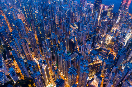 Canvas Print Top view of Hong Kong city at evening