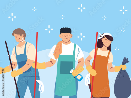 hygiene staff work as a team, janitors cleaning service